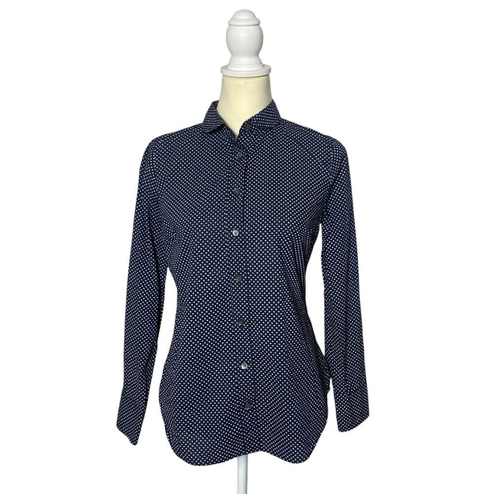 J.Crew Slim Stretch Perfect Shirt In Navy Blue Polka Dot Women's Size 4